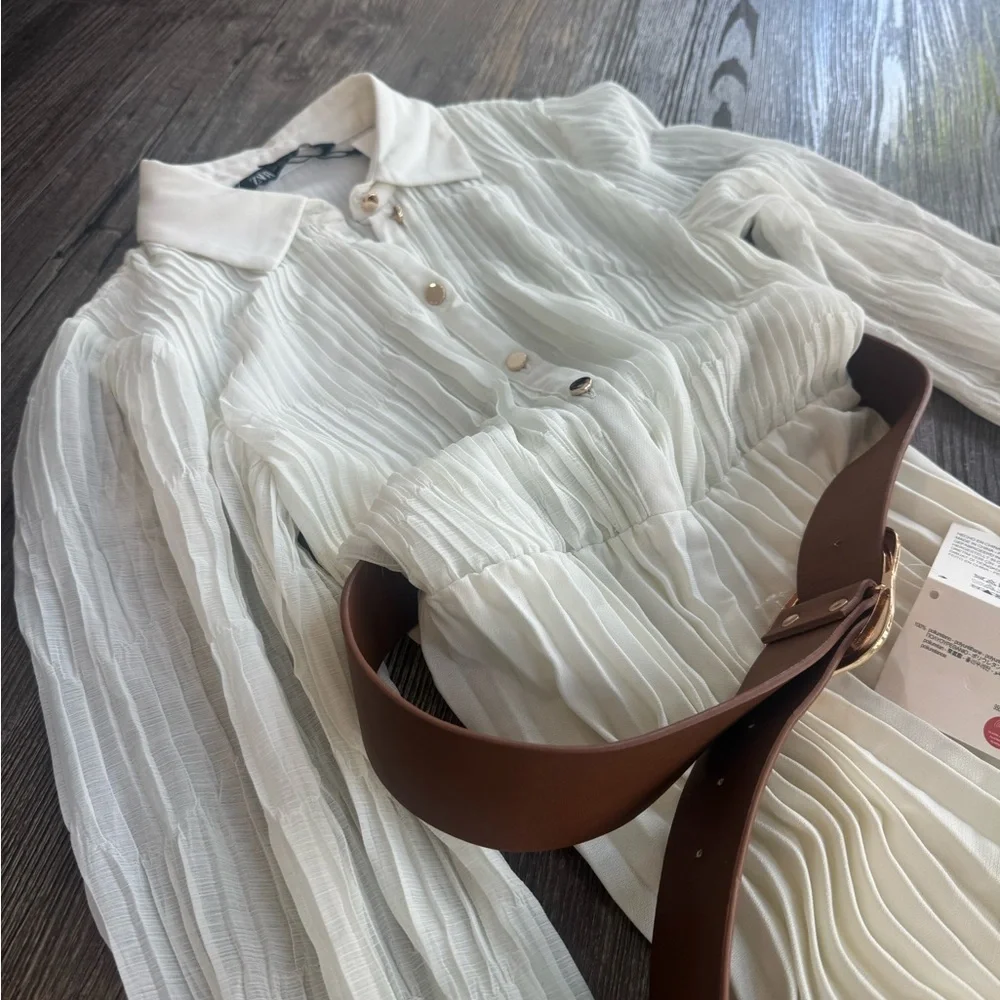 Zara Cream Long Sleeve Pleated Dress - Picture 7 of 8